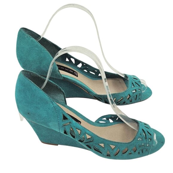 Steven By Steve Madden Merril Teal Suede Peep Toe Laser Cut Wedges 8.5 Leather - Picture 1 of 9